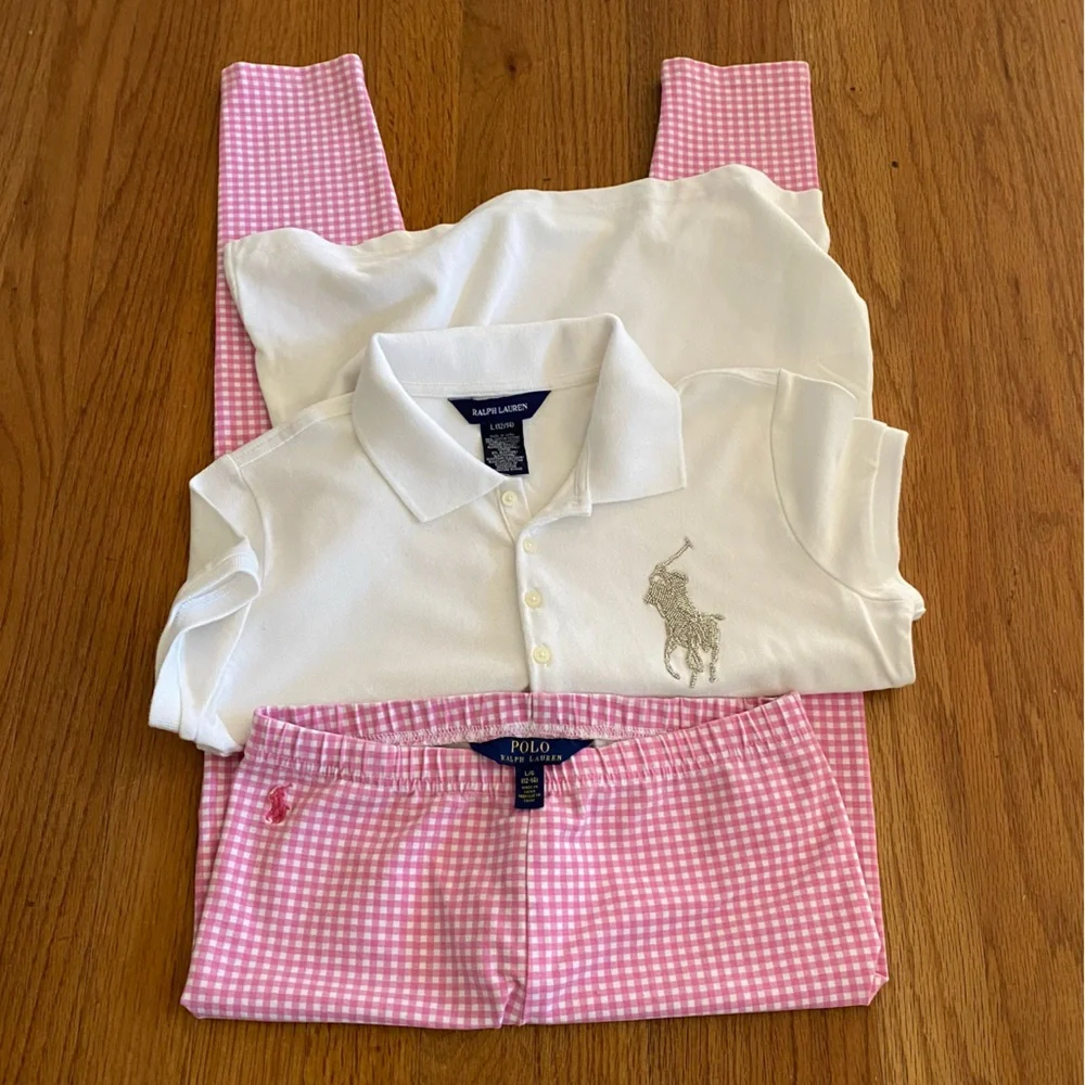 Ralph Lauren Beaded Logo Pique Polo Shirt and Matching Gingham Leggings Set